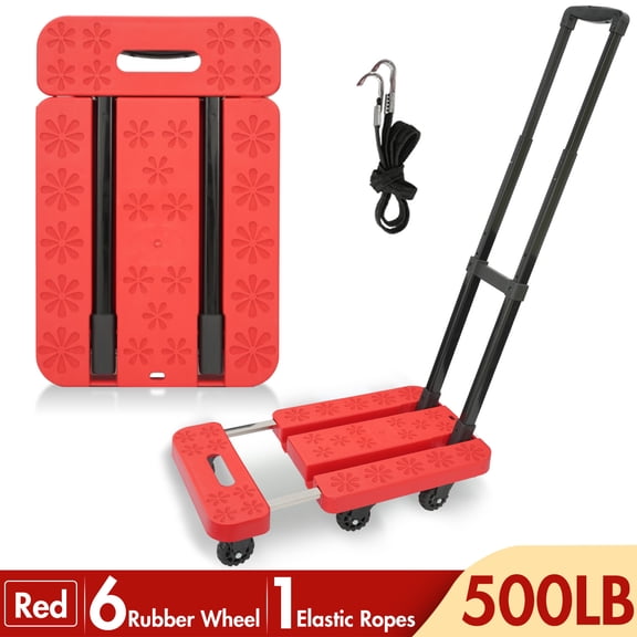 Baokaler Folding Hand Truck, Heavy Duty Dolly Cart, Push Dolly Cart Foldable Platform with 6 Wheels, Red