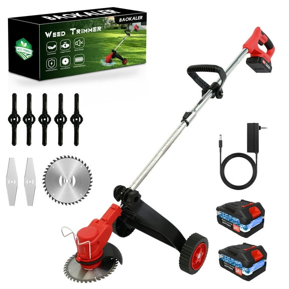 Baokaler Grass Trimmer Cordless Electric Weed Eaters Weed Trimmer, 6 inch Weed Wacker Kit with Upgraded Wheels, 2 Battery Red