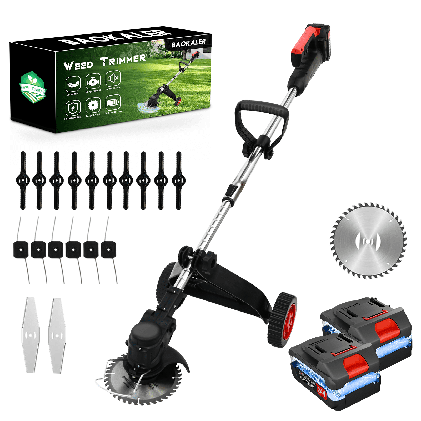 Baokaler Grass Trimmer Cordless, 2AH Electric Weed Eaters Weed Trimmer, 6 inch Weed Wacker Kit with Upgraded Wheels, 2 BatteryRed