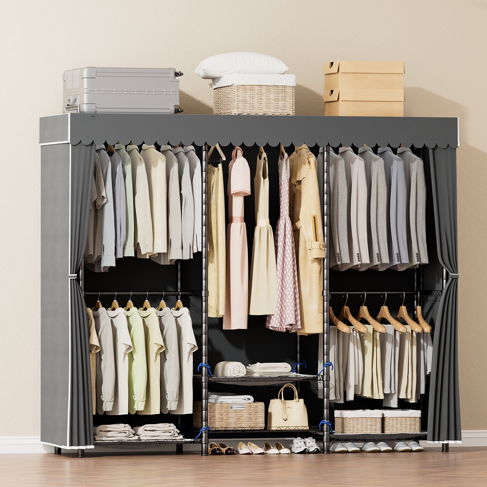 Baokaler Portable Closet Wardrobe 800LBS Heavy Duty Wire Garment Rack with Gray Fabric Cover, Metal Clothes Rack Freestanding Closet Organizer Portable Adjustable Wardrobe for Bedroom, Black