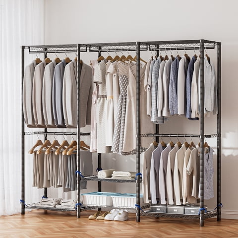 Baokaler Portable Closet Wardrobe 800LBS Heavy Duty Wire Garment Rack with Gray Fabric Cover, Metal Clothes Rack Freestanding Closet Organizer Portable Adjustable Wardrobe for Bedroom, Black