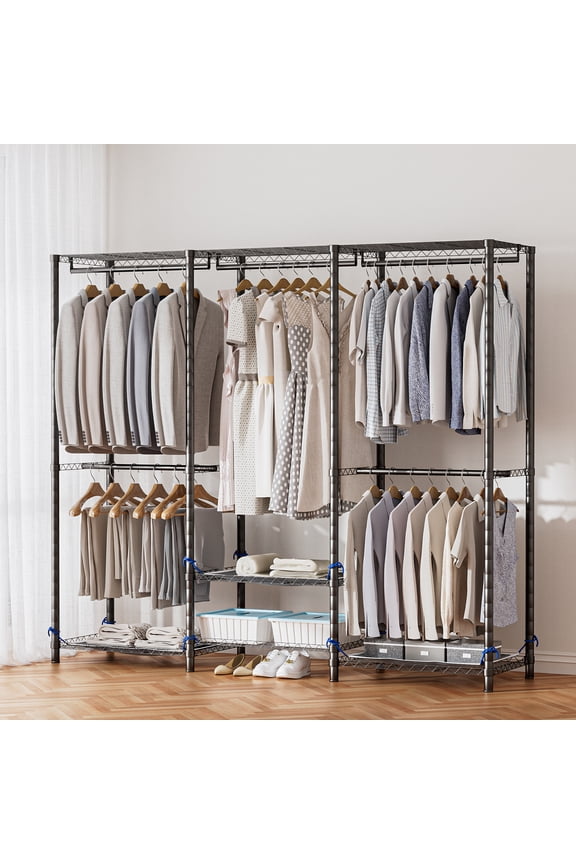 Baokaler Portable Closet Wardrobe 800LBS Heavy Duty Wire Garment Rack with Gray Fabric Cover, Metal Clothes Rack Freestanding Closet Organizer Portable Adjustable Wardrobe for Bedroom, Black