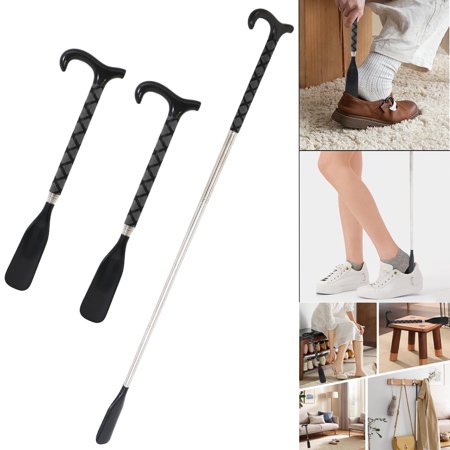 Baokaler Telescopic Metal Shoe Horn Long Handle, 2Pcs Adjustable Length Dressing Aid, Black, 14-34 inches