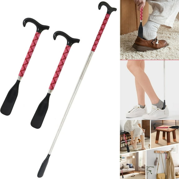 Baokaler Telescopic Metal Shoe Horn Long Handle, 2Pcs Adjustable Length Dressing Aid, Red, 14-34 inches