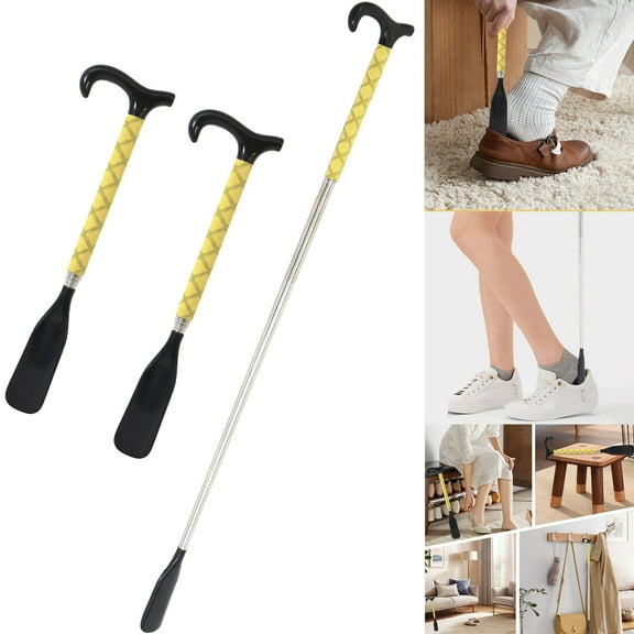 Baokaler Telescopic Metal Shoe Horn Long Handle, 2Pcs Adjustable Length Dressing Aid, Yellow, 14-34 inches