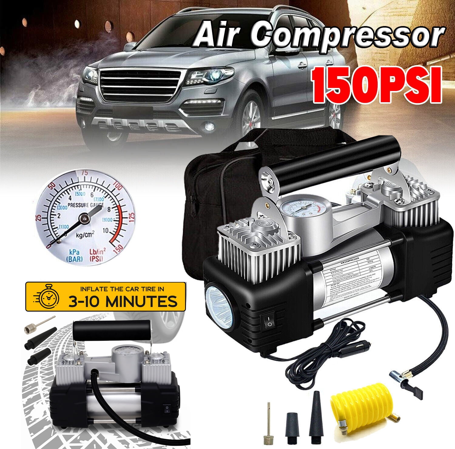 Baokaler Tire Inflator Portable Air Compressor for Tires, Heavy Duty Tire Air Pump with Led Night Light for Car Suvs Motorcycle Bicycle, 150 PSI