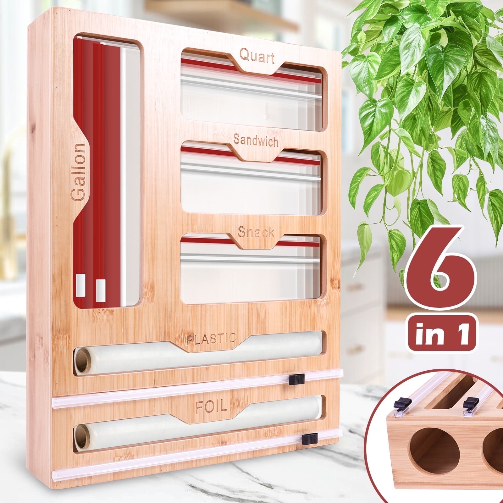 Bamboo Sealed Bag Ziplock Bag Storage Organizer for Kitchen Drawer,6 In 1 Wrap Dispenser Organizer With Cutter for Kitchen Drawer,Plastic Bag Storage for Gallon, Quart, Sandwich, Snack - Walmart.com