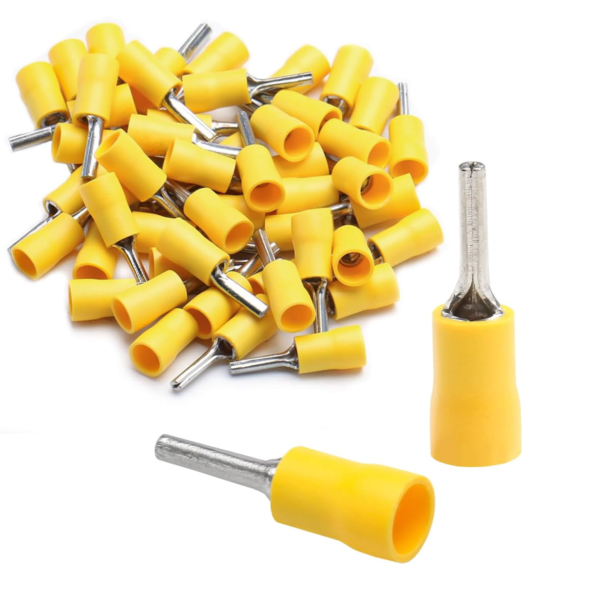 Baoman 50 pcs pack 0.11 inch pin terminal, insulated yellow crimp connector suitable for 12-10 AWG, 5.5-13 used for automotive electrical electrical cable projects