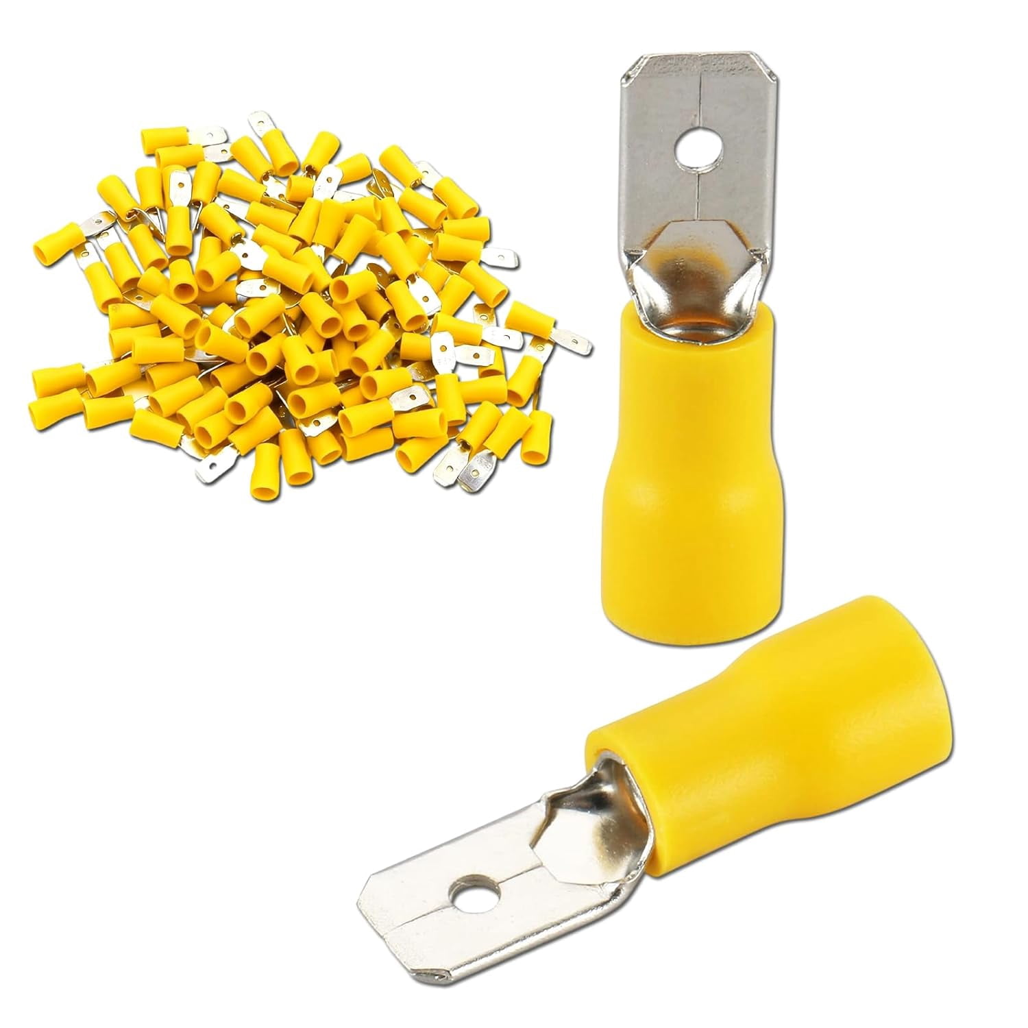Baomeng 1/4 inch male quick connect terminal vinyl insulated fork wire connector electrical crimp terminals 12-106.3 yellow 100 pieces pack