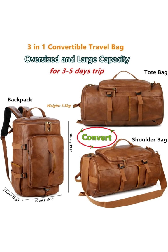 Baosha Stylish Vegan Leather Men Weekender Travel Duffel Tote Bag Backpack Travel Hiking Rucksack Overnight Bag 3-Ways Convertible HB-26 (Brown)