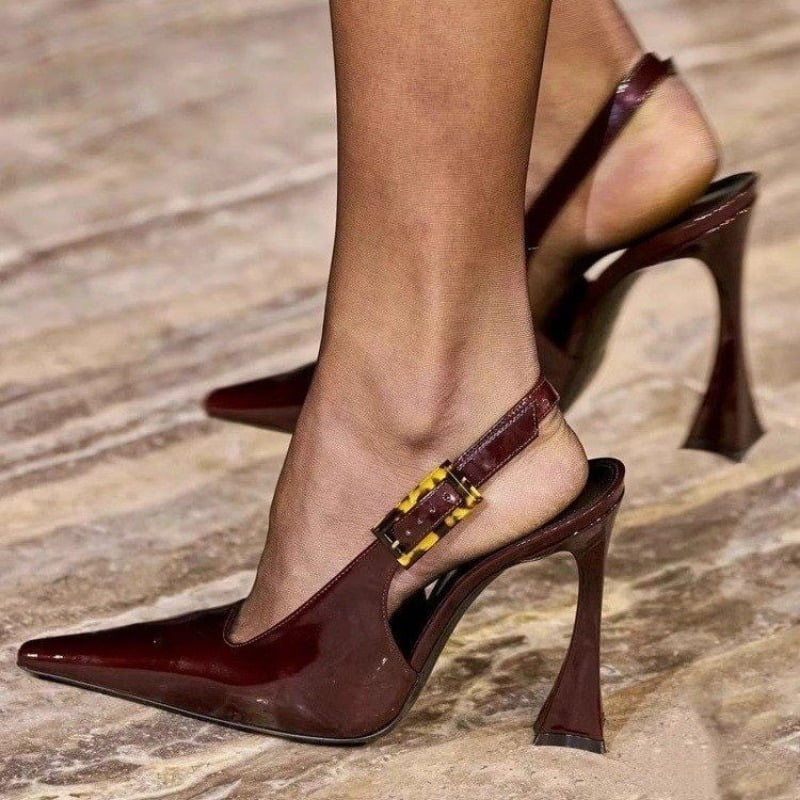 Baotou Sandals Women‘s Spring New Pointed Back Empty Single Shoes Lacquer Leather Thin Heels Sexy Fashion High Heels LS