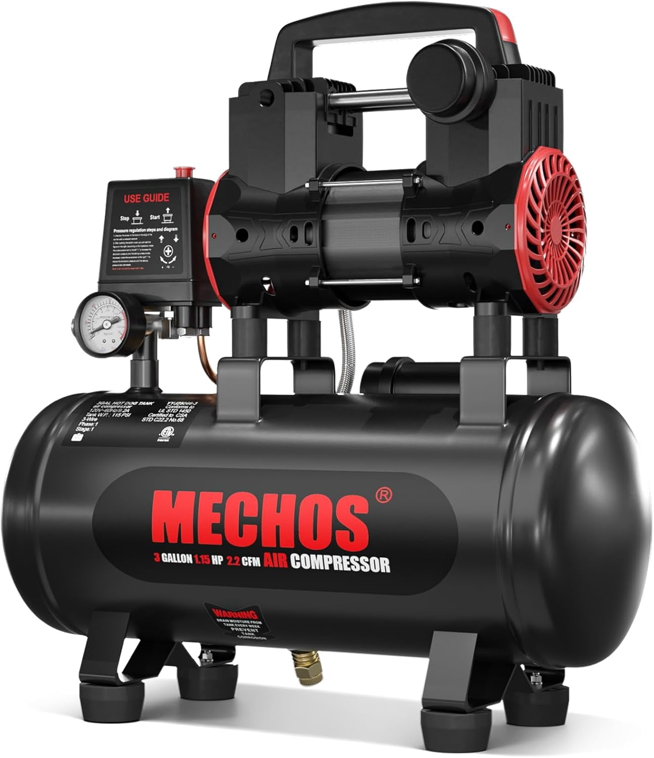 Baotree 3-Gallon Portable Air Compressor, oil-free, 70-decibel quiet operation, suitable for garage and home use, tire inflator