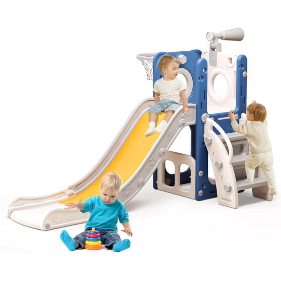 Baotree 6 in 1 Toddler Playset with Slide,Toddler Slide,Slide for Kids with Basketball Hoop,Ball,Ring Toss,Kids Slide Toddler Playground Toddler Slide Indoor Outdoor Toys(Blue Yellow)