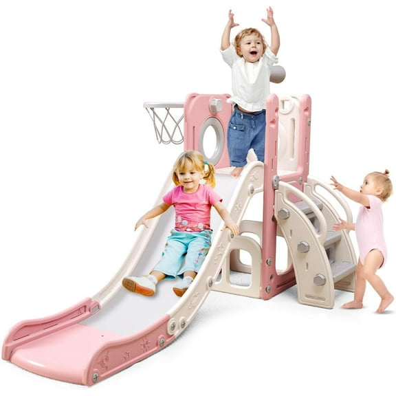 Baotree 6-In-1 children's slide includes a slide, a children's slide, a basketball hoop, a basketball, and a ring toss game. It's a great gift for children and a perfect playground.(Pink White)
