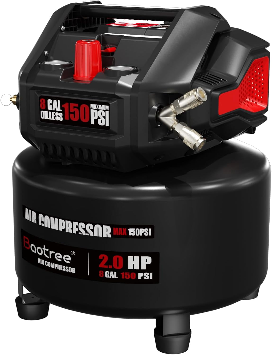 Baotree 8-Gallon/4-Gallon Portable Air Compressor, 2HP, 150PSI, oil-free air tank, high-power motor, suitable for garage work such as car repair and woodworking. (8-Gallon)