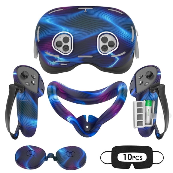 Baoyemes Silicone Cover Set for Oculus/Meta Quest 3S, VR Accessories for Meta Quest 3S, Protective Cover Set Includes Controller Grip Cover, Face Cover, VR Shell Cover (Blue stripe)