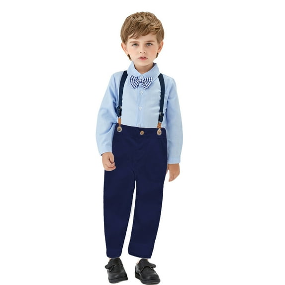 Baozhu Boys Dress Outfits Shirt with Bow Tie + Suspender Pants Set Genterman Suit for 1-11 Years Kids
