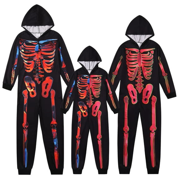 Baozhu Family Matching Halloween Onesies Pajamas,Funny Skeleton Printed Hooded Zippered PJs Holiday Loungewear for Men(M-XXL)