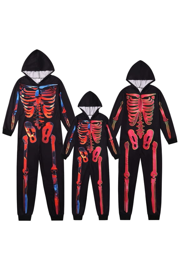 Baozhu Family Matching Halloween Onesies Pajamas,Funny Skeleton Printed Hooded Zippered PJs Holiday Loungewear for Men(M-XXL)