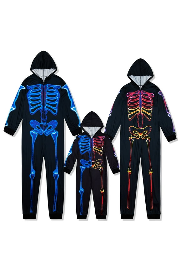 Baozhu Family Matching Halloween Onesies Pajamas, Funny Skeleton Printed Hooded Zippered PJs Holiday Loungewear for Men/Women/Kids