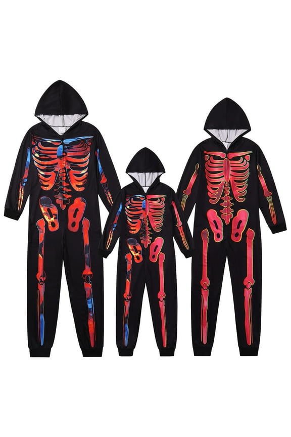 Baozhu Family Matching Halloween Onesies Pajamas,Funny Skeleton Printed Hooded Zippered PJs Holiday Loungewear for Women(S-XXL)