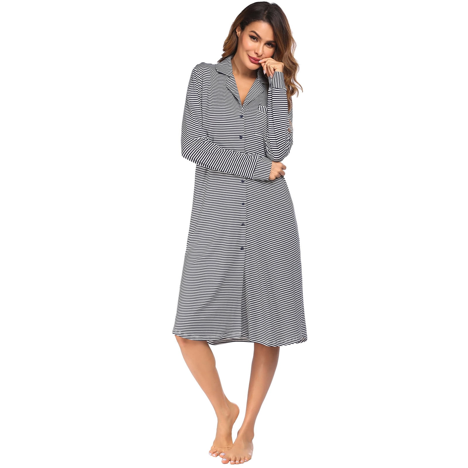 HBZDQB Women's Satin Sleepshirt – 3/4 Sleeve V-Nightgown With Pocket, Button Down Nightwear - View #2