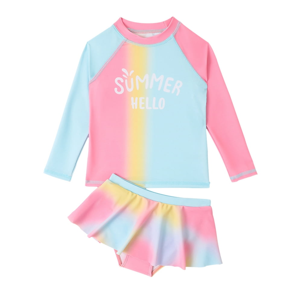 Girls UPF 50+ Rash Guard Swimsuit Set - Two Piece Short Sleeve Swimwear For Ages 4-14