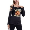 thumbnail image 1 of Baozhu Halloween Tee for Womens Cut Out Long Sleeve Cold Shoulder Pumpkin Letter Print Casual T-Shirt Slim Fit Top, S-2XL, 1 of 6