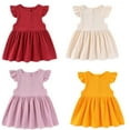 thumbnail image 1 of Baozhu Kids Girl Cotton Linen Dress Solid Color Flying Sleeve Round Neck Button Decor A-Line Dress,1-7 Years, 1 of 11