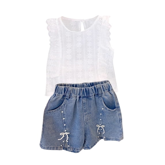 Baozhu Kids Girl Summer Outfit,Lace Short Sleeve Shirts T-Shirt Tops with Jean Shorts Set 2Pcs Clothes Set,2-6 Years