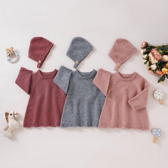 Baozhu Knitting Autumn Winter Warm Newborn Baby Solid Color O-Neck Sweater Dress+ Hat Set Infant Girl Long Sleeve Pullover Top
