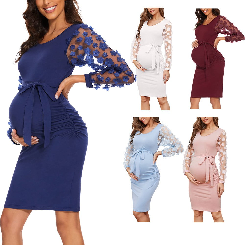 Baozhu Maternity Midlength Dress Floral Mesh Long Sleeve — free download