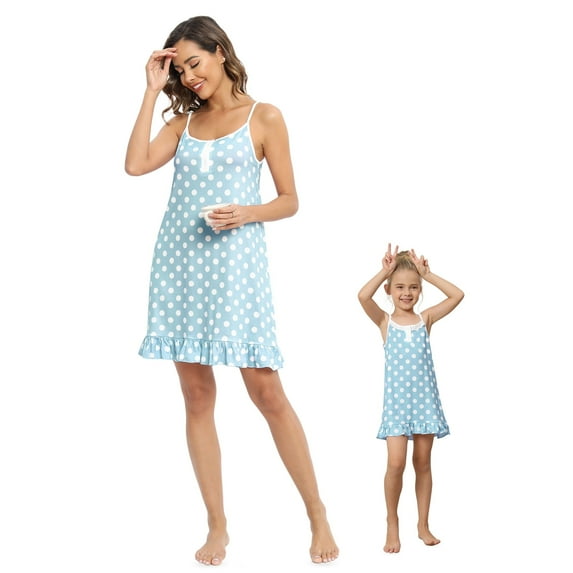 Baozhu Mommy and Me Pajama Dress Polka Dot Nightgown Button Down Sleeveless Cami Sleepwear Mother and Daughter Adjustable Strap Tank Nightshirt Above Knee Length Sleepshirt
