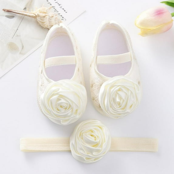 Baozhu Newborn Baby Shoes Baptism + Hair Band Baby Girl Flower First Walker Toddler Cute Baby Soft Prewalker 0-12 Months