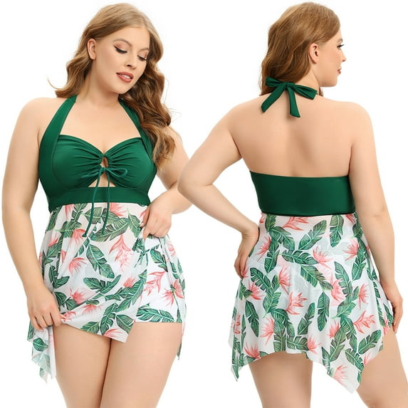 Baozhu Plus Size Tankini Bathing Suits Two-Piece Tummy Control Swim Dress For Women V Neck High Waist Padded Swimsuits Printing Splicing Flowy Swim Dress and Boyshorts