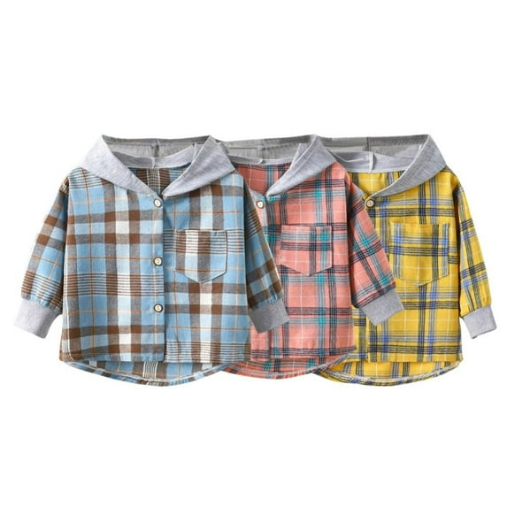 Baozhu Spring Autumn Shirt Children's Boys Hooded Plaid Shirt Girls Long-Sleeved Cotton Blouse Clothes Jacket Tops