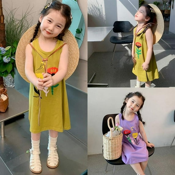 Baozhu Summer Early Autumn Baby Girls Children Kids Korean Style Loose Posh Outdoor Casual Style Flower Print Sleeveless Shift Dress