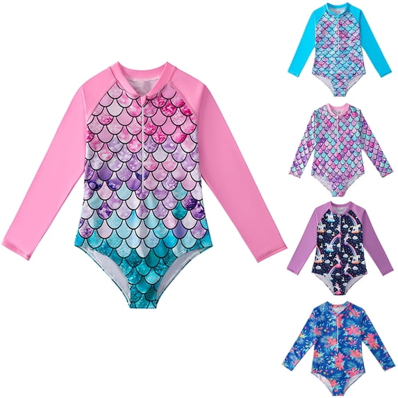 Baozhu Toddler Girls Rashguard One Pieces Swimsuit Set Kids Long Sleeve Bathing Suits Swimwear