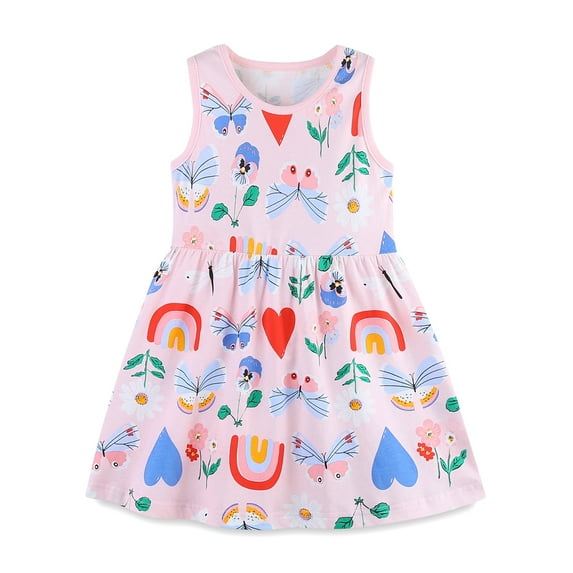 Baozhu Toddler Kids Girl Clothes Cotton Casual Cartoon Print Short Sleeve Dresses,2-7 Years