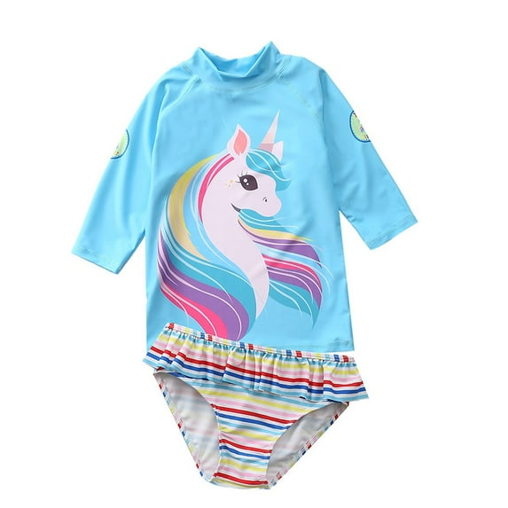 Baozhu Toddler Little Big Girl Rainbow Unicorn 2-Piece Long Sleeve Bathing Suit Swimsuit