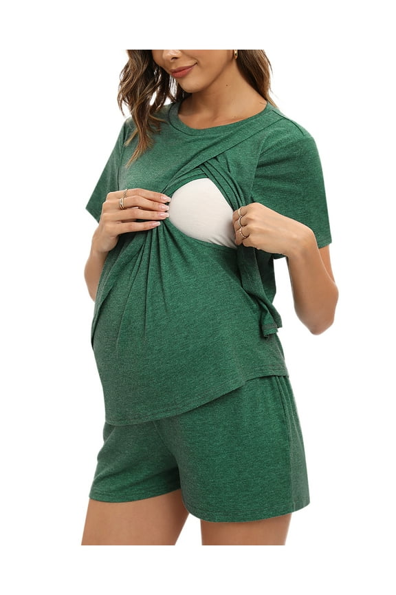 Baozhu Women Maternity Nursing Pajama Set Breastfeeding Sleepwear Double Layer Short Sleeve Top & Shorts Pregnancy PJS