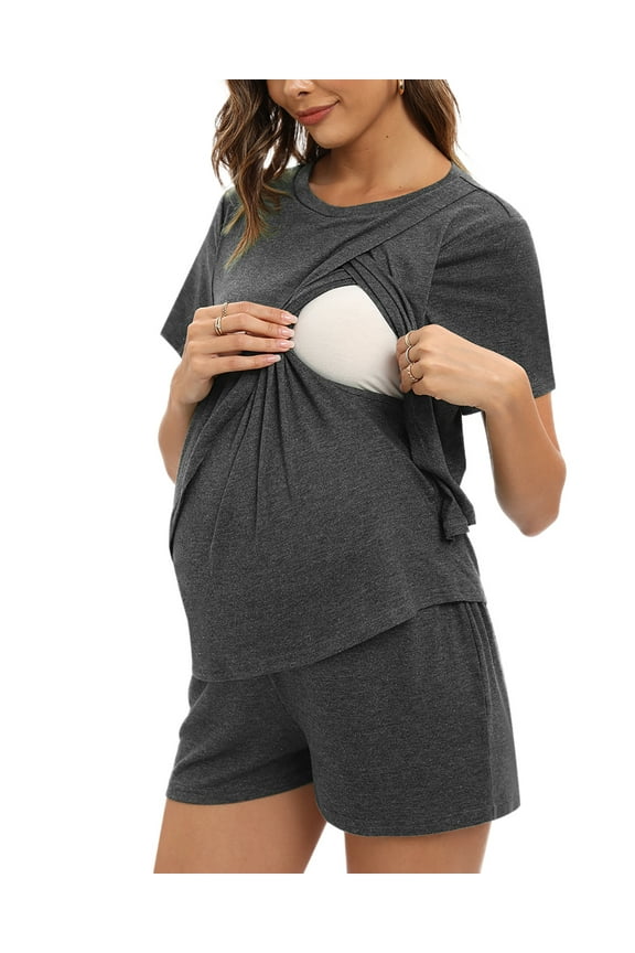 Baozhu Women Maternity Nursing Pajama Set Breastfeeding Sleepwear Double Layer Short Sleeve Top & Shorts Pregnancy PJS