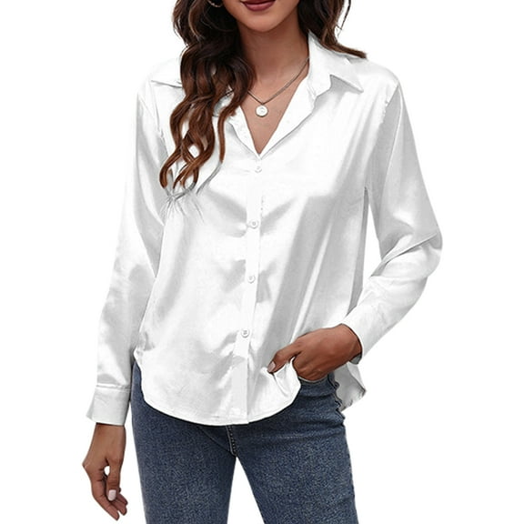 Baozhu Women Satin Silk Button Down Shirt Ladies Long Sleeve Tops V Neck Loose Blouse Dressy Business Casual Work Tunic Fall S-XXL