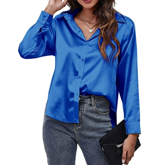 Baozhu Women Satin Silk Button Down Shirt Ladies Long Sleeve Tops V Neck Loose Blouse Dressy Business Casual Work Tunic Fall S-XXL