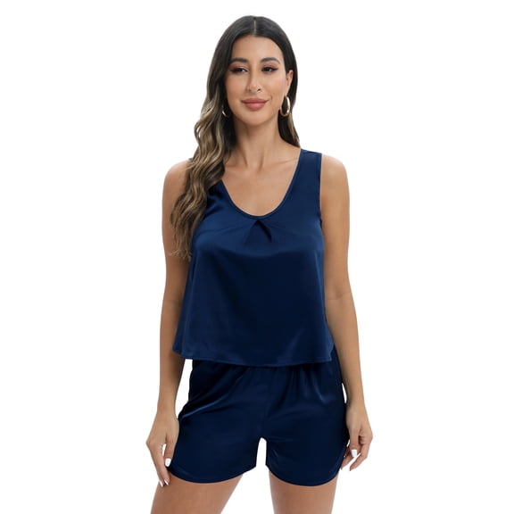 Baozhu Women's 2Pcs Satin Silk Pajamas Set Casual Sleeveless Top and Shorts Loungewear Set