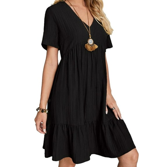 Baozhu Women's Baby Doll Dress Summer Casual Tunic Pleated Flowy Swing Short Sleeve V Neck Mini Dress Black XL