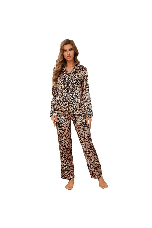 Baozhu Women's Leopard Print Satin Pajama Set Long Sleeve Button Down Sleepwear Soft Loungewear Pjs Set S-XL
