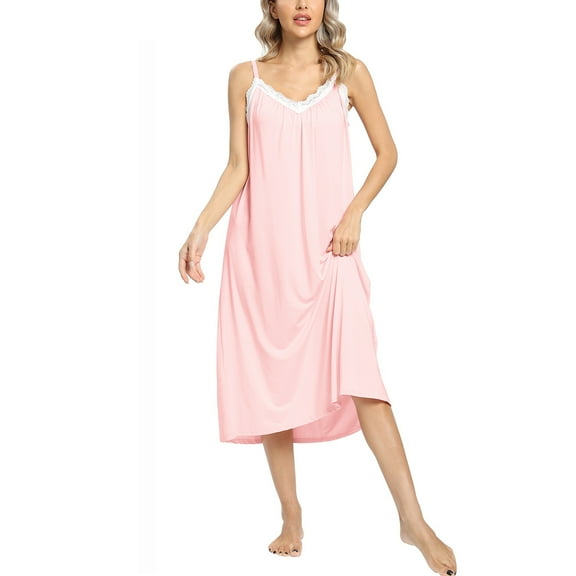 Baozhu Women's Sleeveless Long Nightgowns Lace V Neck Full Slip Nightshirt Wide Strap Chemise Sleep Shirts Soft Ladies Nightdress, S-2XL