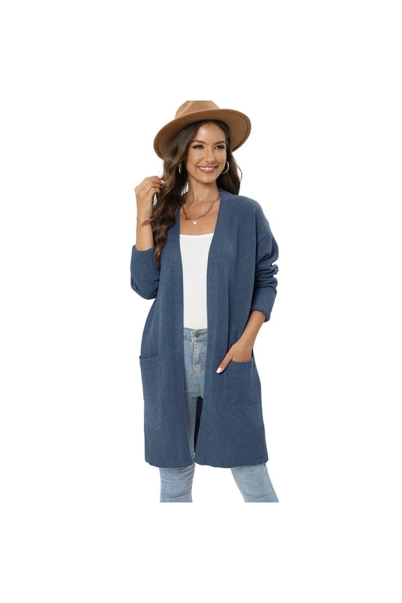 Baozhu Womens Cardigan Long Sleeve Open Front Cardigan Sweaters Fall Winter Loose Outwear Mid-length Sweater Cardigan with Pockets XL/US 12Blue