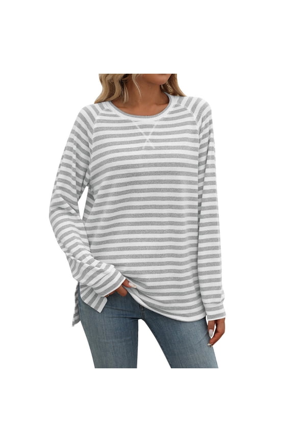 Baozhu Womens Striped Long Sleeve Tunic Tops for Leggings Crew Neck Pullover Side Slit Loose Fit Casual T Shirts S-2XL